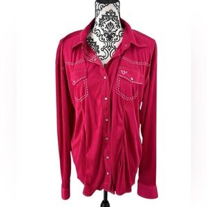 Cowgirl Hardware Pink Western Rodeo Snap Rhinestone Button White Stitch Shirt